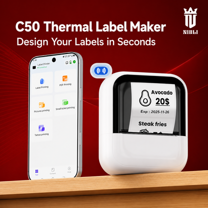 Four illustrated steps for loading paper, connecting the app and printing labels
