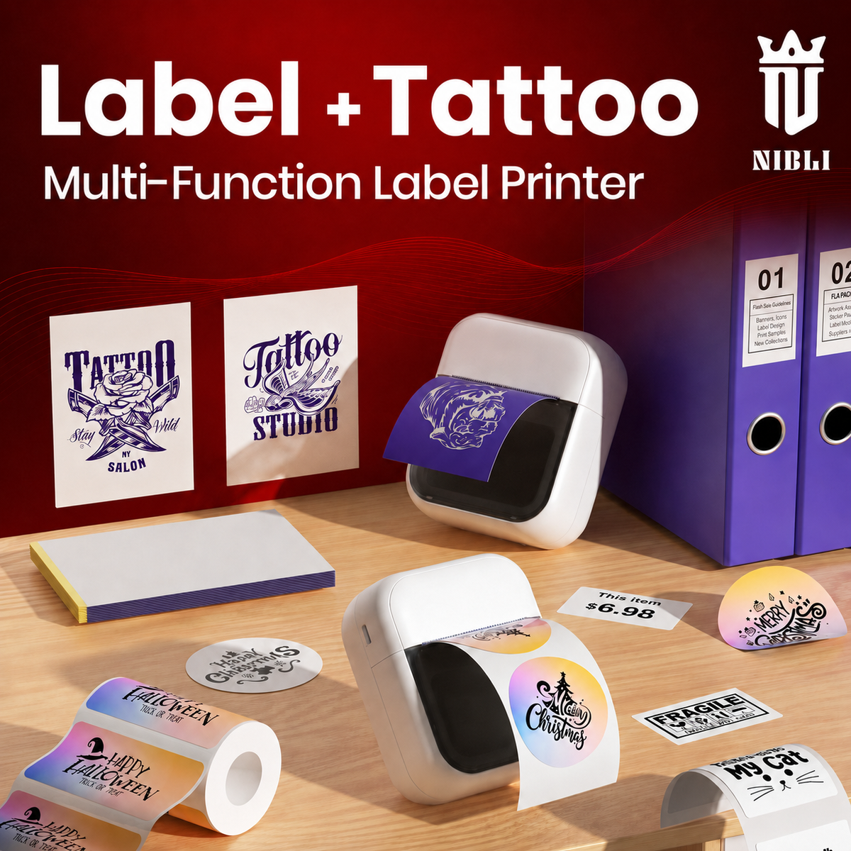 NIBLI label maker with dimensions marked as 100 by 82 by 45 millimeters