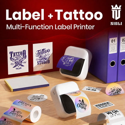 NIBLI label maker with dimensions marked as 100 by 82 by 45 millimeters