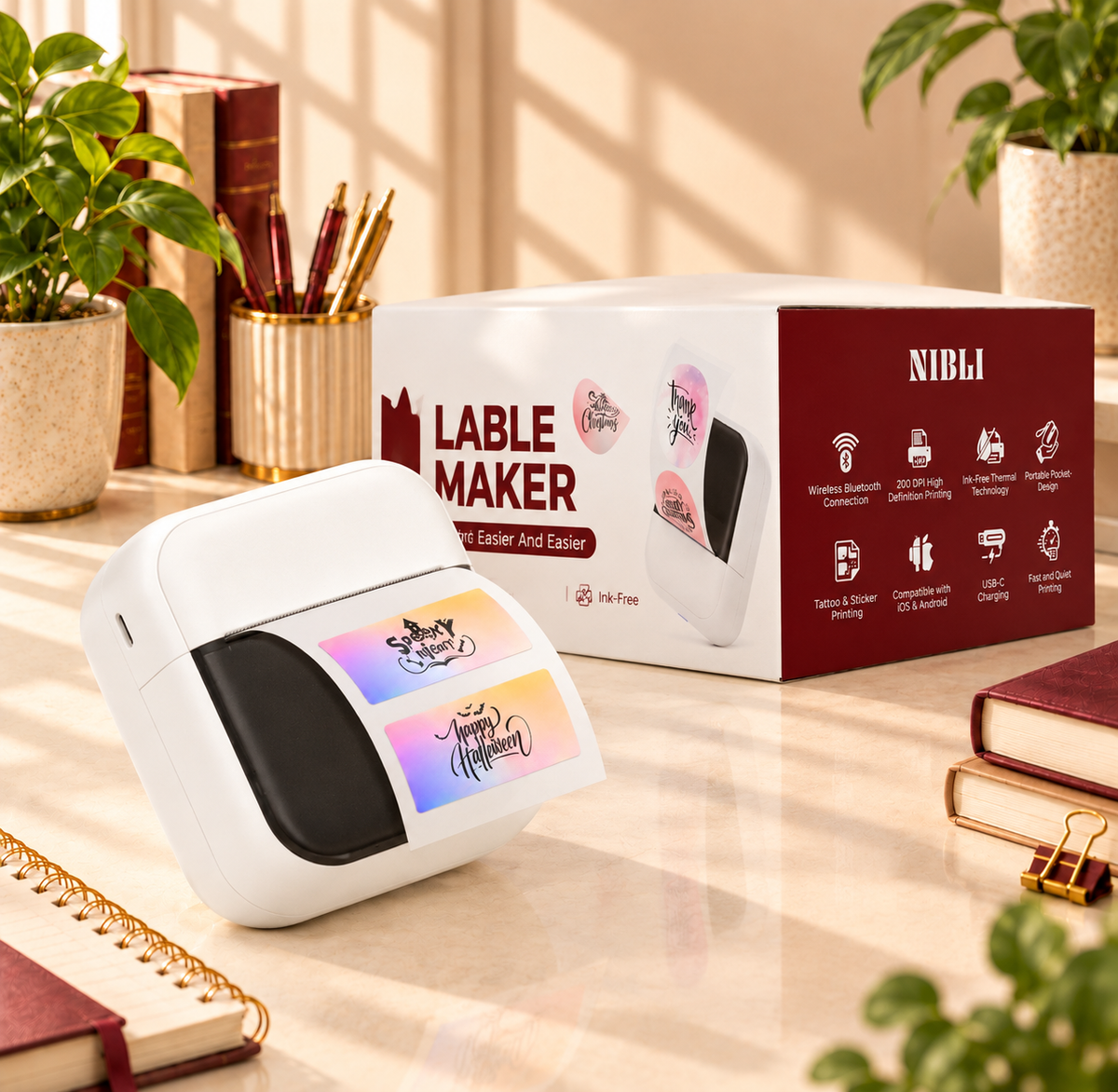 NIBLI Label Maker – Wireless Bluetooth Thermal Printer, 200 DPI, Ink-Free, USB-C, iOS & Android Compatible