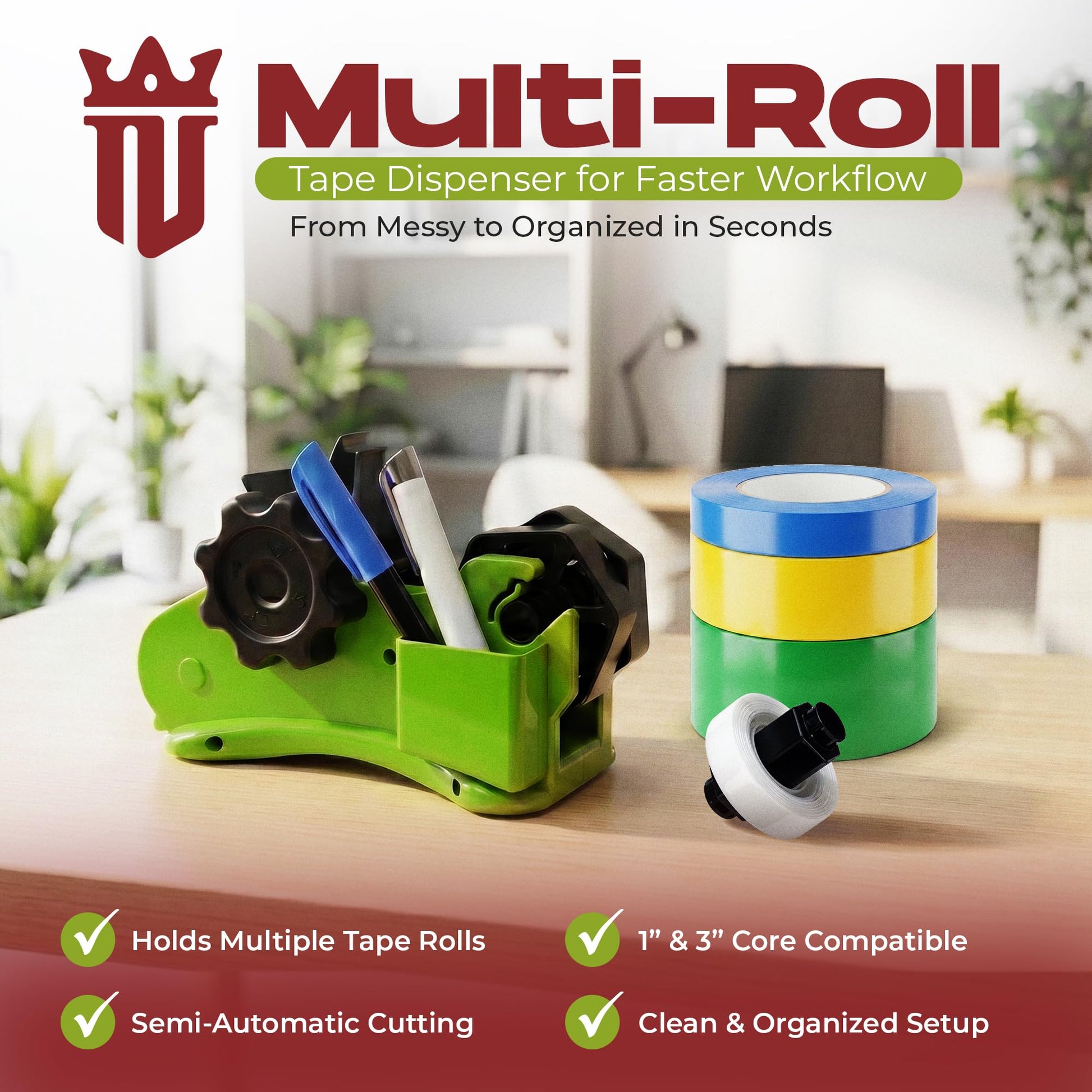 Multi Roll Tape Dispenser – 3 Roll Desktop Holder for Office, Crafts, Washi & Masking Tape - NIBLI Essentials